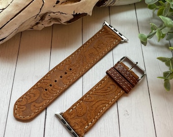 Tooled Brown Leather Watch Band for Apple Watches Saddleback