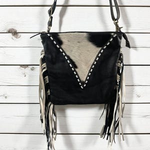 Western Black Leather Shoulder Bag, Fringed Purse, Western Concealed Carry