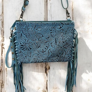 Tooled Turquoise Leather Fringed Shoulder Bag Myra Crossbody Fennington