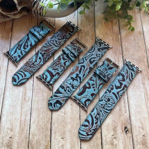 Apple Watchband 38 40 41 mm Western Turquoise Embossed Tooled Leather Band Myra
