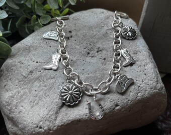Western Charm Bracelet Silver Toggle Gift for Cowgirl