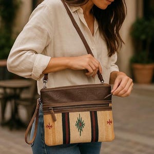 Myra Western Tooled Leather Southwest Rug Pattern Print Crossbody Shoulder Purse