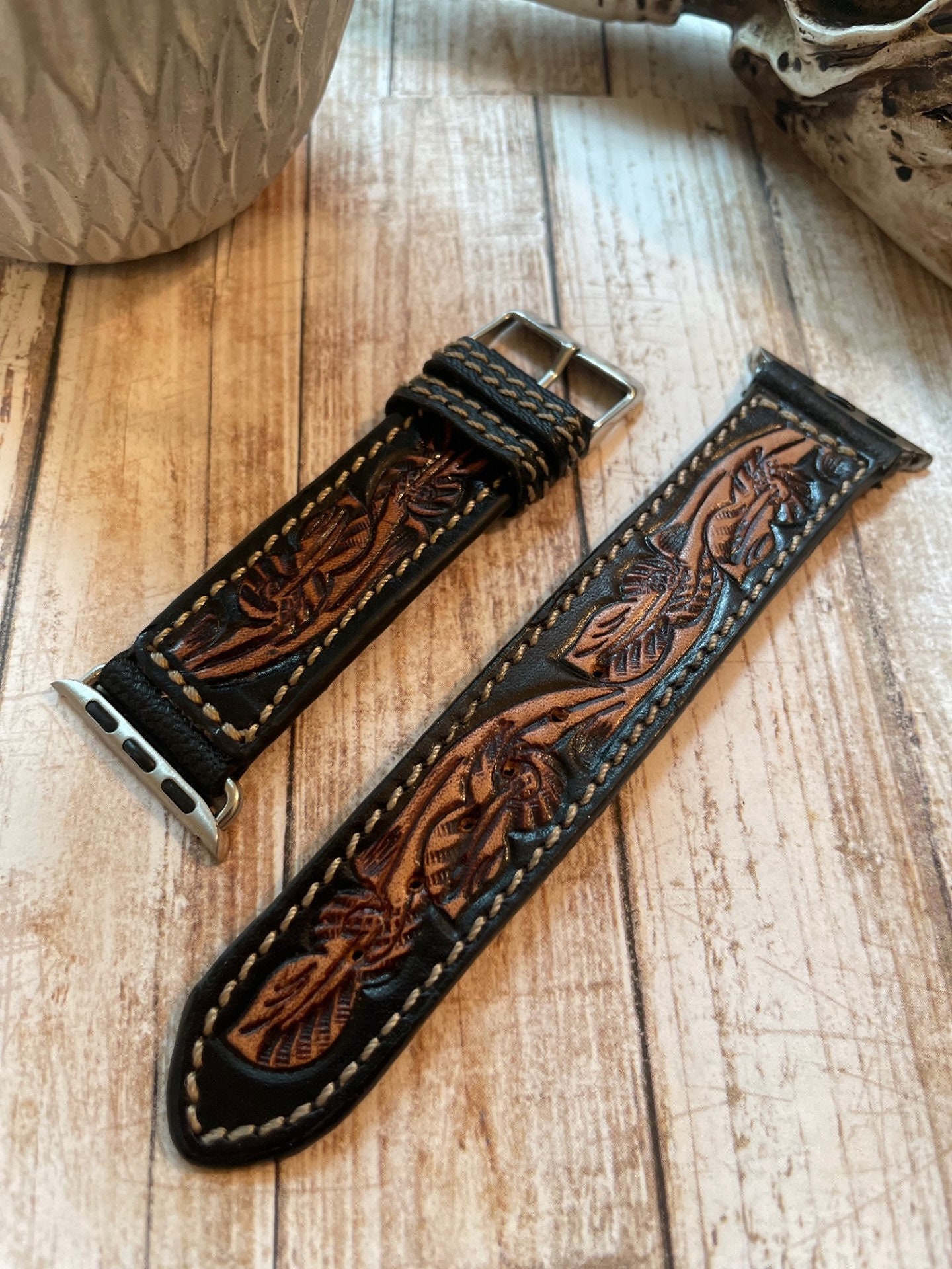 Custom Leather Tooled Leather Apple Watch Band 38mm Brown Tooled