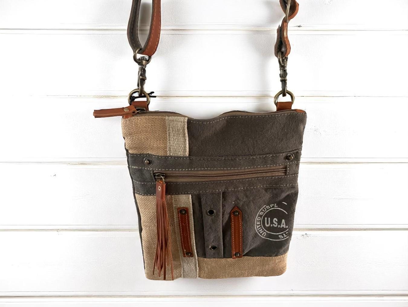 Recycled Canvas Rug and Leather USA Canvas Patch Myra Bag 