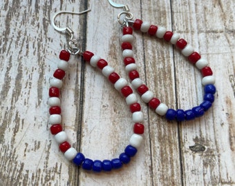 Fourth of July Red White and Blue Seed Bead Teardrop Earrings Patriotic Jewelry