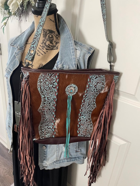 Cowhide Fringe Shoulder Bag: Turquoise Embossed Leather  display picture 3