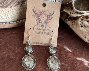 Silver Round Concho Style Earrings Southwestern Western Rodeo Boho Cowgirl