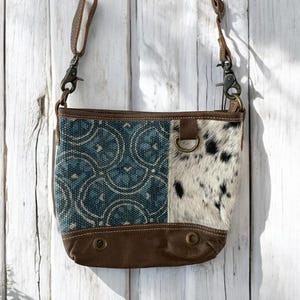 Myra Bag Recycled Canvas Rug Hairon and Leather Indigo Illusions Western Crossbody Shoulder Purse