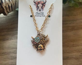 Gold Highland Cow Charm on Gold Necklace Women's Western Gift