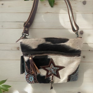 Myra Western Cowhide Bag North Star Leather Canvas Shoulder Bag