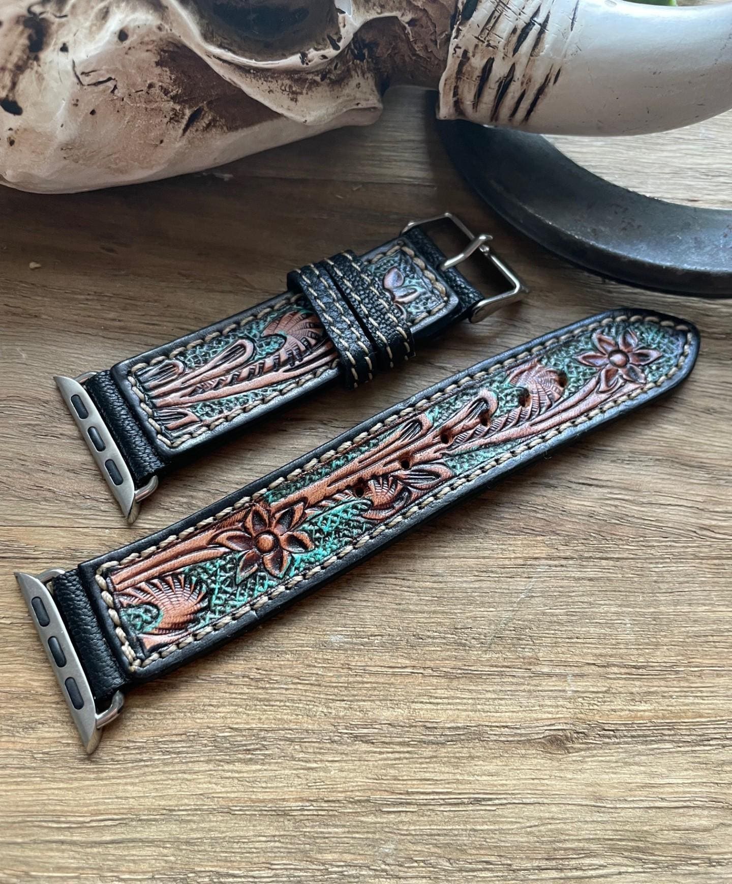 Hand Tooled Leather Apple Watch Mens Western Watch Bands Western