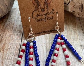 Red White and Blue Beaded Patriotic Dangle Silver Earrings