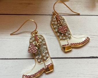 Cowboy Boot Western Bling Glitter Pink Earrings