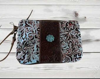 Tooled Leather Wristlet Makeup Bag: Western Turquoise Accents