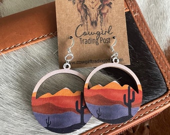 Round Wooden Cutout Earrings Western Cowgirl Desert Arizona