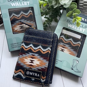 Blue Denim Southwest Horse Riding Boot Clip Credit Card Wallet