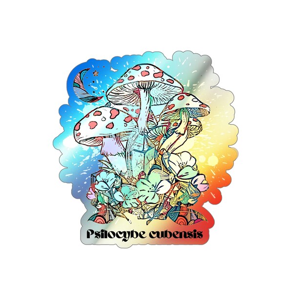 Cute Holographic Mushroom Girl Sticker, Vinyl Laptop Sticker, Retro Rainbow Plant Style Decal, Cute Mushroom Flower 420 Vinyl sticker