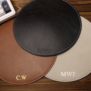 Personalized Round Leather Mousepad-Custom name mousepad-Full Grain Premium Leather-Office Gift-coworker gift-Home Office Decor