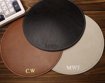 Personalized Round Leather Mousepad-Custom name mousepad-Full Grain Premium Leather-Office Gift-coworker gift-Home Office Decor