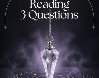 May include: A clear, faceted crystal pendulum hangs from a silver chain above a circular chart with moon phases. The text "Pendulum Reading 3 Questions" is displayed in white at the top against a dark, smoky purple background.