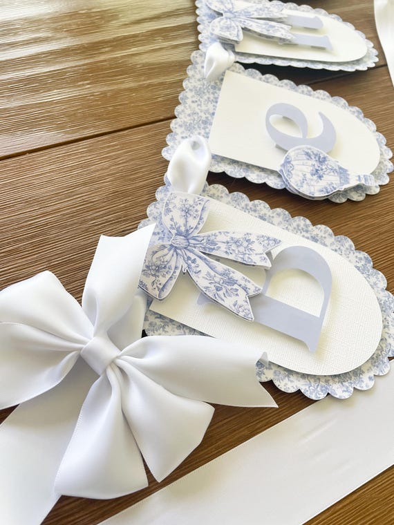 Blue Toile Banner with bow and hot air ballon ( White Ribbon)