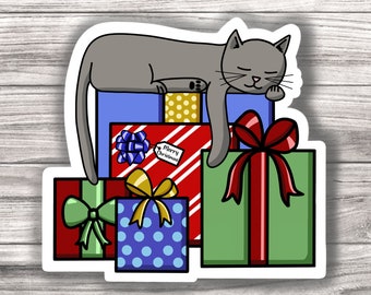 Cat on Presents Christmas Laminated Vinyl Sticker