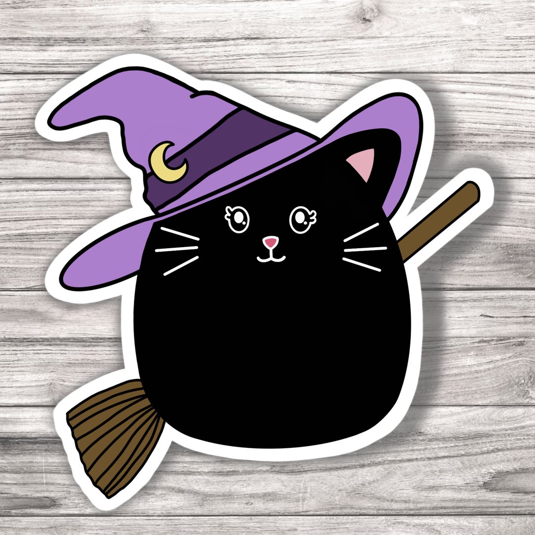 Witch Black Cat Halloween Laminated Vinyl Sticker - Etsy