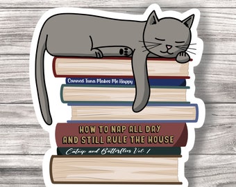 Cat Sleeping on Books Laminated Vinyl Sticker