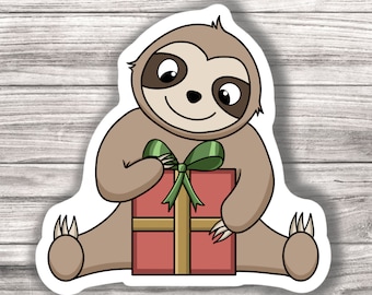 Sloth opening a Christmas Present - Christmas - Laminated Vinyl Sticker