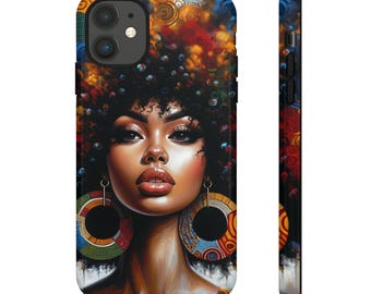 Black Woman Tough Phone Case, Vibrant Phone Case Featuring a Bold Afro Queen, Colorful Art Phone Cover