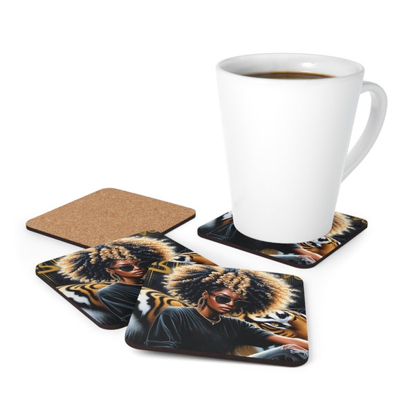 African American Woman Black and Gold Corkwood Coaster Set