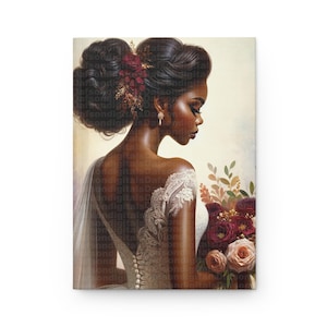 May include: A bride with dark brown hair styled in an updo with red and gold flowers. She is wearing a white lace wedding dress and holding a bouquet of burgundy and peach flowers.