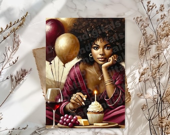 Può includere: Una stampa artistica raffigurante una donna con capelli ricci scuri, che indossa un accappatoio bordeaux e gioielli. È seduta a un tavolo con un cupcake, vino, uva e formaggio. Palloncini sullo sfondo.