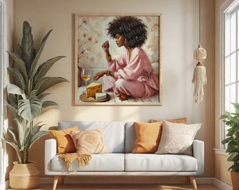 African American Woman Unframed Art Print | Black Woman with Wine Art Print | Black Art | Black Print | Black Wall Unframed Art