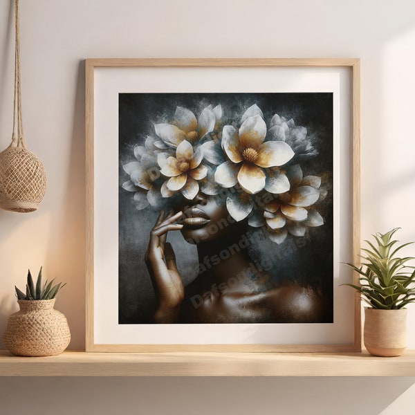 African American Woman with Flowers | Instant Download Art | Wall Art | Digital Download Art | Black Woman Digital Art | Beautiful Woman Art