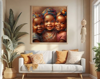 Three African American Happy Girls | African Girl Art | Unframed Wall Art | Black Art Print | African American Art Print