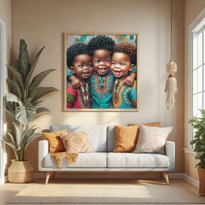 Handsome Three African Toddler Boys Happy and Hugging Art Print  | Unframed Wall Art | Black Wall Art Print