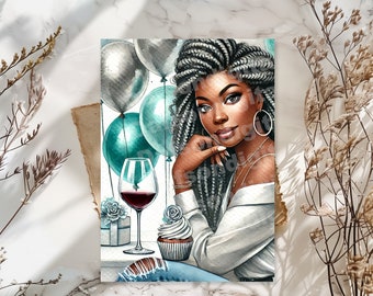 African American Woman With Braids 5x7 Folded Teal Silver and Grey Birthday Card | Black Card | Birthday Card | Lady Birthday Card