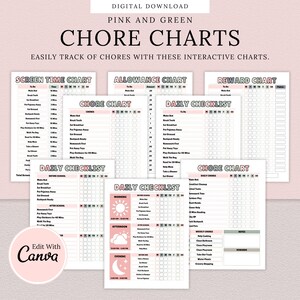 Pink and Green Editable Kids Chore Charts, Rewards and Allowance | Daily Checklist & Weekly Chores