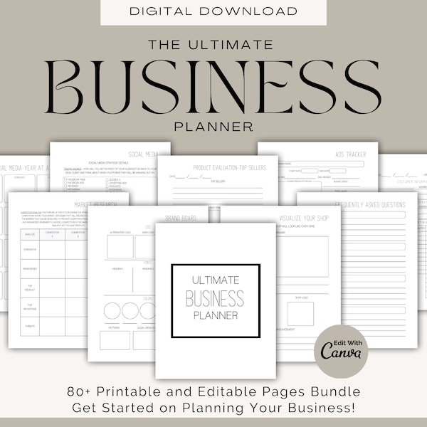 Minimalist Editable Business Planner, Printable Business Planner Bundle, Customizable Small Business Planner, Business Planner Template