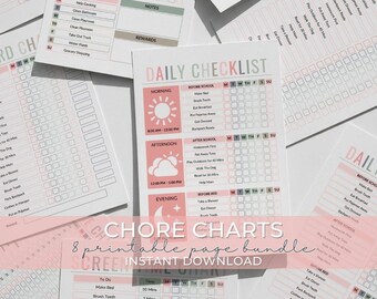 Rosa und Grün bearbeitbare Kids Chore Charts, Belohnungen und Zulage | Tägliche Checkliste & Wöchentliche Aufgaben