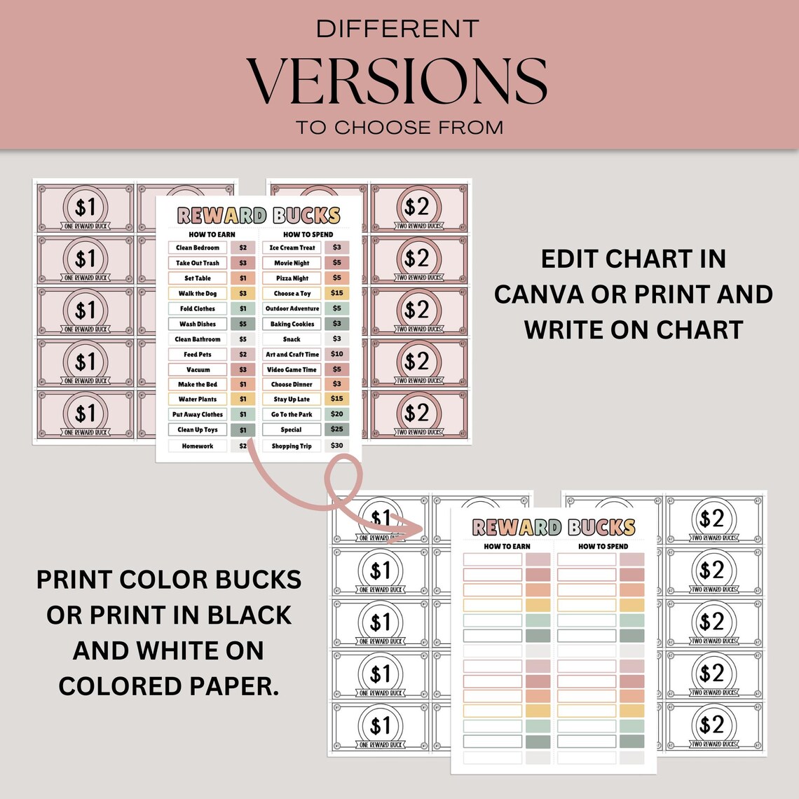 Earth Tones Editable Kids Reward Chart With Reward Bucks Allowance ...