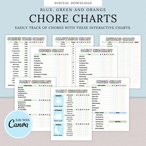 Orange, Green and Blue Editable Kids Chore Charts, Rewards and Allowance | Daily Checklist & Weekly Chores