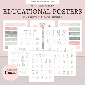 Póster educativo bohemio rosa y verde, decoración de pared para sala de juegos, impresiones para la educación en el hogar, pósteres de aprendizaje, arte de pared para el aula, decoración de habitación de niños