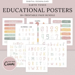 Póster educativo bohemio en tonos tierra, decoración de pared para sala de juegos, impresiones para la educación en el hogar, pósteres de aprendizaje, arte de pared para el aula, decoración de habitación de niños