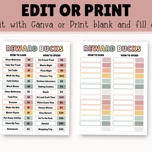 Earth Tones Editable Kids Reward Chart With Reward Bucks Allowance ...
