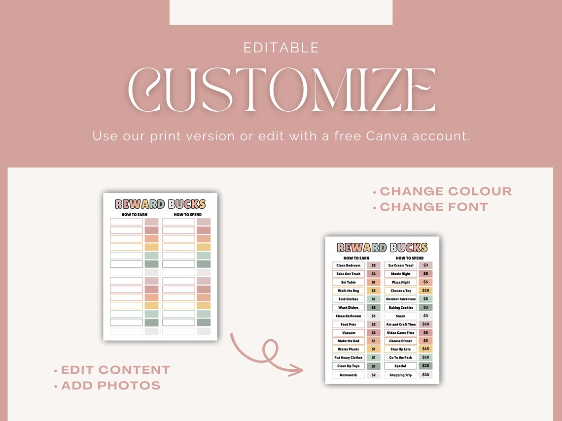 Earth Tones Editable Kids Reward Chart With Reward Bucks Allowance ...