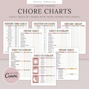 Earth Tones Editable Kids Chore Charts, Rewards and Allowance | Daily Checklist & Weekly Chores