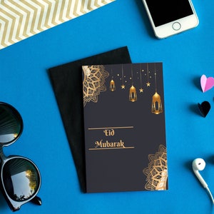 Cartão elegante de Eid Mubarak, cartão de felicitações, cartão personalizado, modelo editável de cartão, cartão editável.