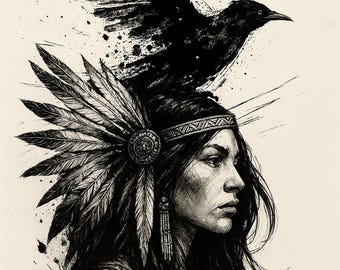 mujer nativa con pájaro negro/cuervo